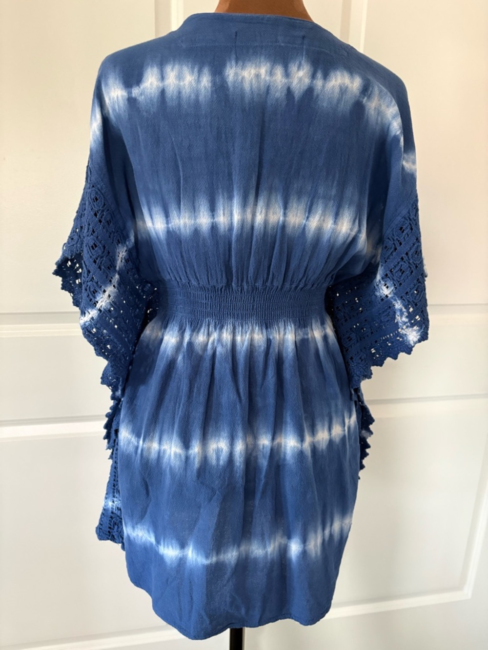 Blue Tie-Dye V-Neck Crochet Sleeve flowy boho Dress - resort ware / coverup - S